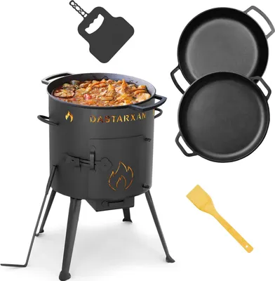 Produktbild von Ø36cm Uchag 2mm Stahl Utschak Gusseisenpfanne Bräter mit Deckel-Bratpfanne aus Gusseisen Schmortopf Feuerstelle Utschag Campingofen Grillfächer Pfannenwender Feldküche Außenküche