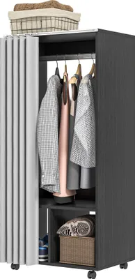 Image de HOMCOM Armoire penderie mobile dressing avec rideau armoire de rangement 4 roulettes avec tringle de suspension et étagères, penderie vêtement roulant pour chambre à coucher, 60 x 40 x 128 cm, noir