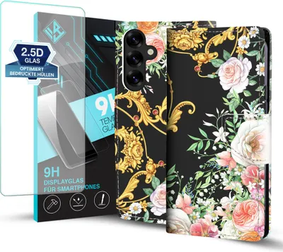 Produktbild von Handy Hülle für Samsung Galaxy S25 mit 9H Displayglas Klapphülle Bookcase Flip Cover Handy Tasche Etui Motiv: Rosen Ornamente Blumen