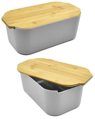 Produktbild von Brotkasten mit Bambusdeckel, Brotbox, Deckel als Schneidbrett verwendbar, pflegeleichte Aufbewahrungsbox für Lebensmittel - Grau
