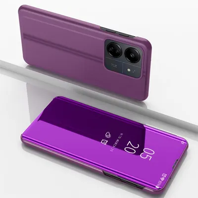 A purple phone case with a flip cover is shown in two configurations: one closed and one open, displaying the phone screen.