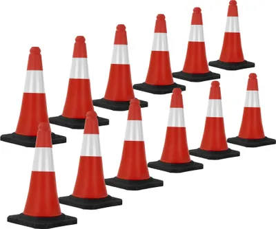 Zdjęcie produktu dla ECD Germany 12 sztuk pachołek drogowy pylon 51 cm, czerwono-biały, pachołek drogowy z ciężką podstawą, pachołek drogowy z białymi paskami odblaskowymi