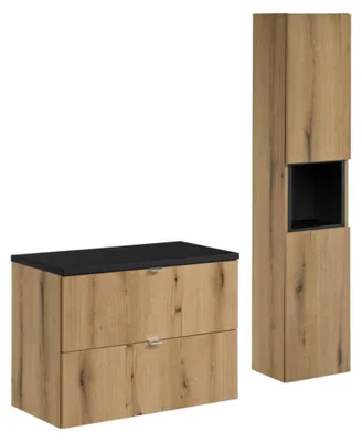 Produktbild von Badezimmer-Set VANO in Eichen- und Schwarzoptik 110cm: Waschtischunterschrank mit Schubladen + Waschtischplatte + Hochschrank