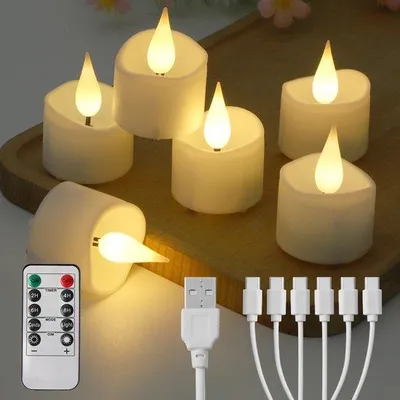 Produktbild von LED-Theelichter ohne Flamme, Fernbedienung für Kerzen, 10-Tasten Fernbedienung und 2 Ladekabeln für 6 Kerzen