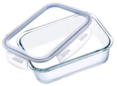 Obrázok produktu pre Sklenená obedová krabička – nádoba na uchovanie čerstvosti potravín – 1520 ml – oválna – 1 priehradka – 3-dielna sada