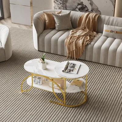 Immagine prodotto di UnboxG set di 2 tavolini in marmo - tavolino rotondo e ovale, oro con struttura in metallo, 80x46x45 cm + 52x52x51 cm, tavolino da salotto moderno
