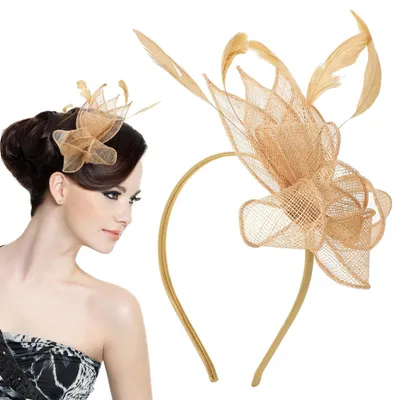 Produktbild von Fascinator im Vintage-Stil - Goldenes Haaraccessoire - Brautschleier - Teeparty-Hut - Elegante Haarband - Hochwertige Materialien
