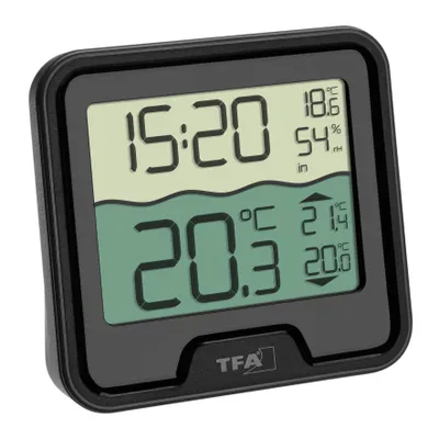 A close-up shot of a digital thermometer on a white background.