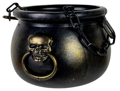 Produktbild von Schwarzer Hexenkessel mit Totenkopf und Kette als Henkel 14 cm