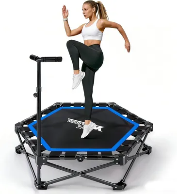 Image de Trampoline d'intérieur pliable ZMH Mini pour enfants, poignée réglable en hauteur, capacité de charge 150 kg, Ø 86,5 cm, trampoline de jardin pour adultes, à utiliser à la maison