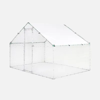 A white chicken coop with a green frame, set against a light gray background.