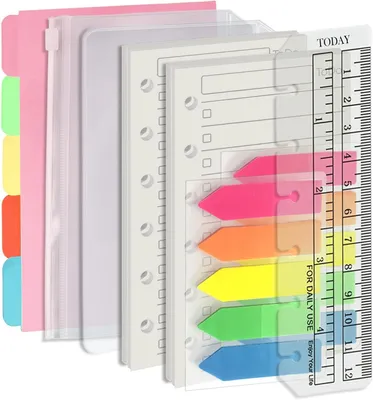 Imagen del producto de Cuaderno de anillas, tamaño A7, 90 hojas, con 6 agujeros, que incluye pegatinas y compartimentos, ideal para la organización