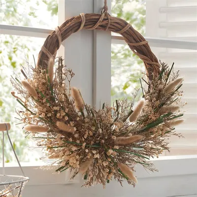 Produktbild von großer Kranz "Trockenblumen" aus Rattan, Blumen & Gräser, Dekokranz Ø 40 cm, Rattankranz, Wandkranz, Türkranz