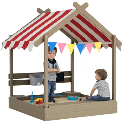 Produktbild von Sandkasten mit Sonnenschutz, Spielhaus-Design, mit Spielzeug-Set, behandeltes Massivholz, 124 x 116 x 146 cm, Grau