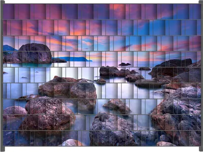 Produktbild von Wallario Zaunsichtschutz mit Motiv Seelandschaft in blau und rot mit großen Felsen für Ein- und Doppelstabmatten Zäune in der Größe 250 x 180 cm
