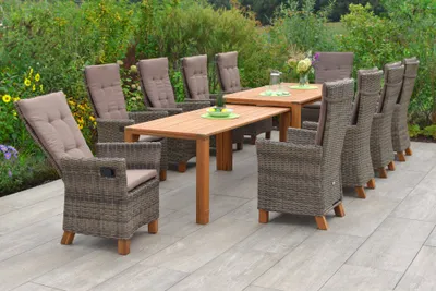 Obrázek produktu pro 11dílná sada zahradního nábytku Merxx "Toskana" s rozkládacím stolem Flex 185/370 x 90 cm, včetně polštářů - hliníkový rám s proutím z přírodního plastu a akátového dřeva