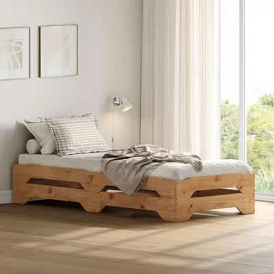 Produktbild von Stapelbett 2er Set Gästebett RONNY Einzelbett Stapelliege Kiefer massiv Eichefarben Bett 90x200 cm Kinderbett Jugendbett
