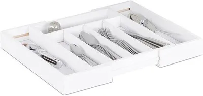 Produktbild von Famanu Bestecklade ausziehbar - variable Breite - 5-7 Fächer - Bambus-Organizer - 37,10 x 31,80 x 5,20 - weiß