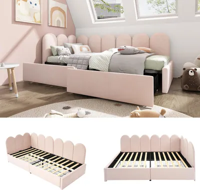 Produktbild von Polsterbett Einzelbett mit Schubladen Stauraumbett Samt Daybett Tagesbett Schlafsofa 90x190cm mit Lattenrost Jugendbett und Erwachsene Kinderbett,Rosa(Ohne Matratze)