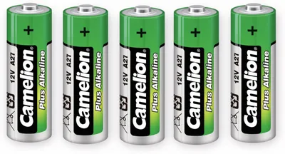 Five Camelion 12V A27 Plus Alkaline batteries are lined up against a white background.
