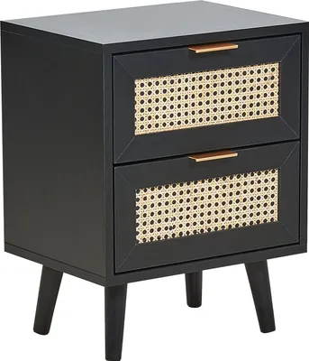 Produktbild von BELIANI Nachttisch Schwarz / Beige Rattan 2 Schubladen 30 x 40 x 52 cm Modernes Design Wiener Geflecht Rattangeflecht für Schlafzimmer