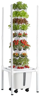 Produktbild von Hydroponik Turm-Gartensystem - Vertikales Hydrokultursystem 9 Ebenen 45 Pflanzplätze - LED Pflanzenlampe - App Steuerung - 20 l Tank mit Pumpe - Mit Rollen für Kräuter Obst Gemüse