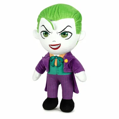 A plush toy of the Joker character from DC Comics is shown standing against a white background.