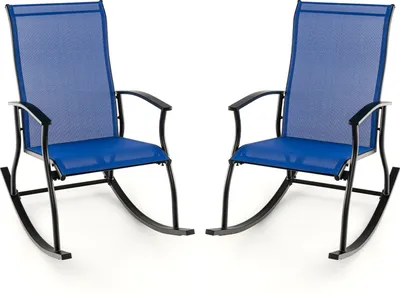 Image de COSTWAY Fauteuil à bascule 2 places, Fauteuil à bascule avec dossier haut et tissu d'assise respirant, Chaises de jardin bleu
