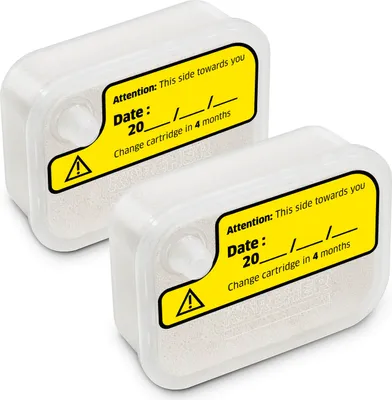 Two white cartridges with yellow warning labels are shown against a white background.