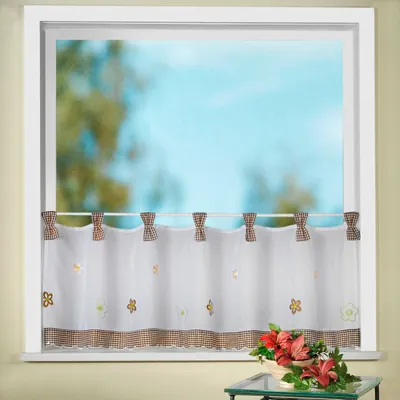 Produktbild von heimtexland ® Scheibengardine Bestickt Blumen Vichy Karo Gardine Landhaus Fenster Deko Typ78 Braun