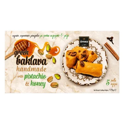 Attika Baklava mit Pistazien & Honig 175 g Verpackung auf weißem Grund