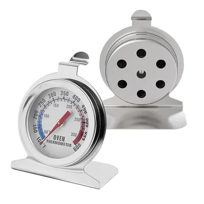 Two stainless steel oven thermometers shown on a white background. One thermometer is shown from the front, displaying its dial and needle, while the other is shown from the back, highlighting its heat vents.