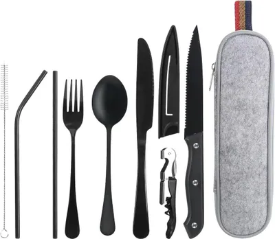 Produktbild von Campingbesteck, 9-teilig, aus Edelstahl, mit Etui