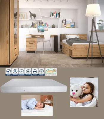 Produktbild von Jugendzimmer Lamelo 4 teiliges Komplett Set in Eiche Wotan und Schwarz matt mit Matratze - Jugendzimmer Kinderzimmer Möbel Teenagerzimmer
