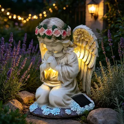 Solar-LED-Engelfigur, betend, Harz, 20,5 cm, wetterfest, Grabschmuck
