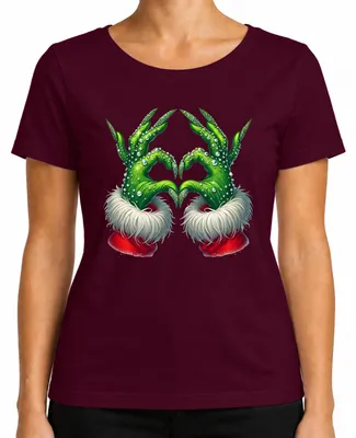 Produktbild von Grinch Hände Herz Glitzer Weihnachten Xmas Ugly Christmas Sweater Damen T-Shirt, Burgundy, M