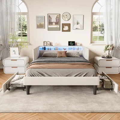 Produktbild von Doppelbett 140 x 200 cm mit 2 Schubladen, LED-Kopfteil und Stauraum, USB- und Typ-C-Ladeanschluss, Lattenrost, Samt, Beige
