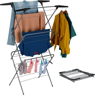Image de Séchoir à linge Relaxdays, 3 niveaux, pliable pour un gain de place, support pour cintres, H x l x P : 138 x 63,5 x 50 cm, séchoir à linge en tour, gris/noir