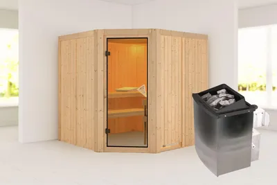 Produktbild von Karibu Sauna Innensauna Jarin Eckeinstieg Ofen 9 kW integr. Strg 196x196x198 cm ohne Dachkranz mit Bronzierte Tür