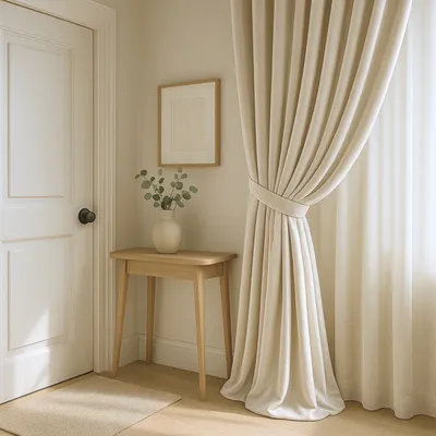 A corner of a room with a door, a small table with a vase of greenery, and a beige curtain.