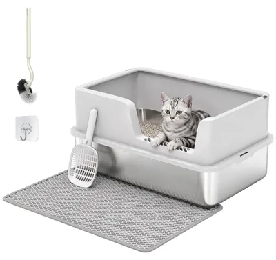 Produktbild von PawHut Katzentoilette XL Edelstahl mit Deckel, hohe Seitenwände, Schaufel Bürste