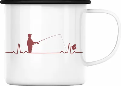Produktbild von Trendation - Angler Emaille Tasse Geschenk Männer Grafik Herzschlag Lustig für Fischer Geschenkidee Angeln Fischen (Schwarz)