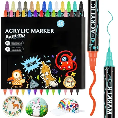 Produktbild von Acrylstifte 26 Farben Wasserfest Dual Tip Marker 1-5mm für Steine Glas Holz Stoff Bastelset
