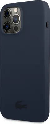 A dark navy iPhone case with a small black Lacoste logo on the bottom.