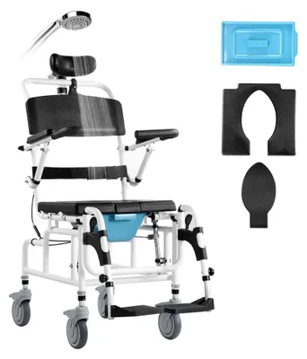 Produktbild von Duschrollstuhl, 440 mm breiter Toilettenrollstuhl aus Aluminiumlegierung für Innendusche, Toilettenstuhl mit Bremse für Erwachsene mit Behinderung, Rollstuhl mit einer Tragkraft von 136 kg
