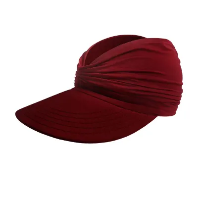 Produktbild von Outdoor-Hut für Damen, leere Oberseite, große Krempe, plissiert, reine Farbe, Sonnenschutz, Anti-UV, tragbar, atmungsaktiv, für Sport, Gartenarbeit, Angeln, Reisekappe, Weinrot, Einheitsgröße