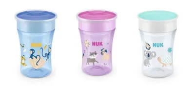 Three Nuk Magic Cups with different animal designs and lid colors, displayed on a white background.