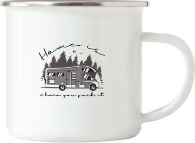 Produktbild von Camping Emaille Tasse mit Spruch Home is where you park it Geschenk Tasse für Camper Wohnmobil