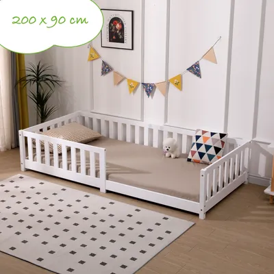 Produktbild von Detská postieľka s ochranou proti pádu vrátane roštu | 90 x 200 cm | Biela | masívna borovicové drevo