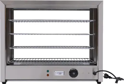 Obrázek produktu pro Teplá vitrína – ohřívací skříň – 4 úrovně – vyjímatelné police – osvětlená – 800 W, 220 V – nastavitelná teplota 30–85 °C – nerezová ocel – stříbrná
